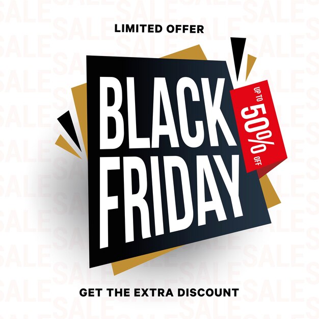 Vettore 50 per cento di sconto. banner di vendita del black friday. sfondo di sconto. offerta speciale, flyer, elemento di design promozionale.