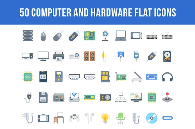 50 platte computer- en hardwarepictogrammen