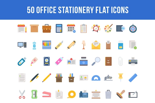 50 platte pictogrammen voor kantoorbenodigdheden