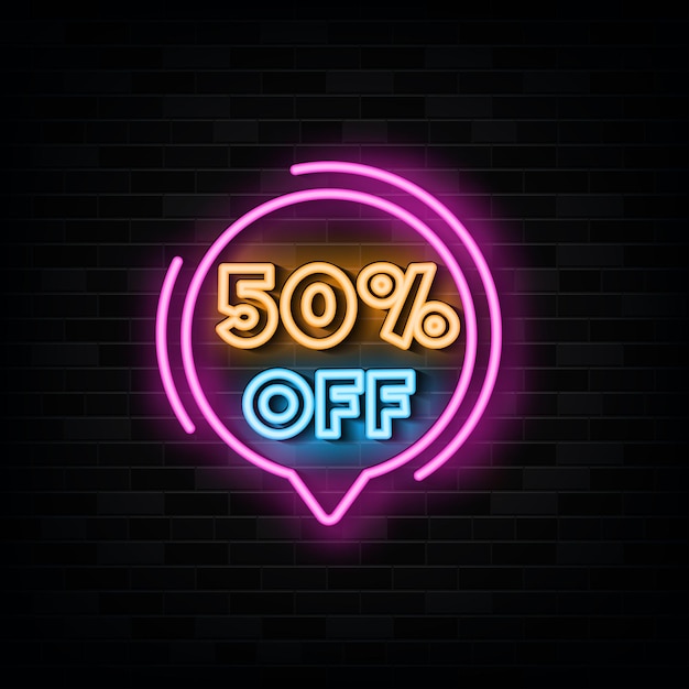 50 procent korting op neonreclames Vector ontwerpsjabloon Neon stijl