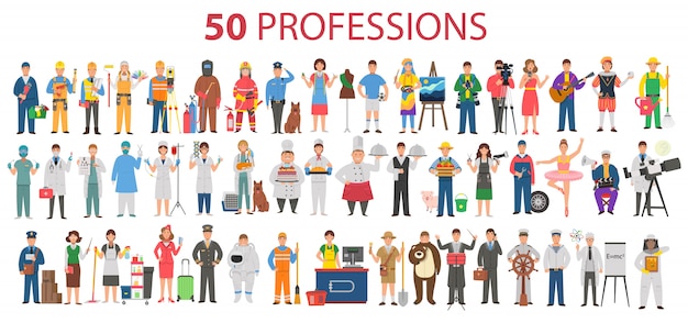 Vettore 50 professioni. grande insieme di professioni in stile piatto del fumetto per i bambini. giornata internazionale dei lavoratori, festa del lavoro