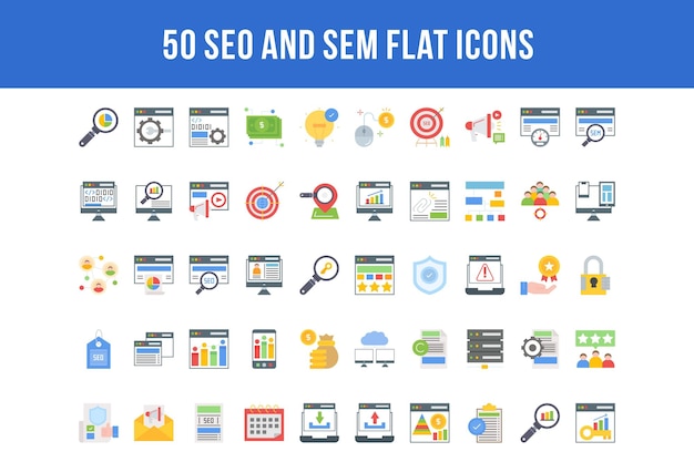 50 seo and sem flat icons