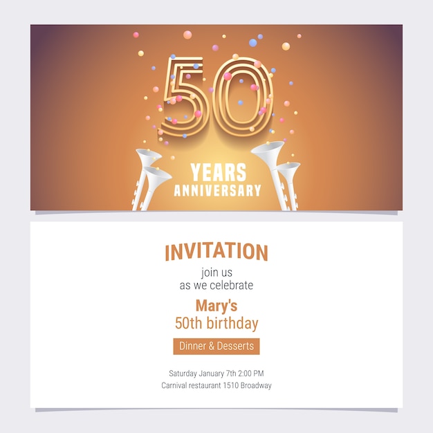 Illustrazione vettoriale di 50 anni anniversario invito. elemento di design grafico con numero d'oro e coriandoli per 50 ° compleanno, invito a una festa