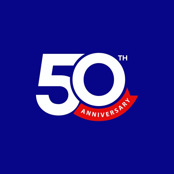 Vector 50e verjaardag op blauwe achtergrond 50 jaar jubileum logo ontwerp 50e verjaardag badge ontwerp