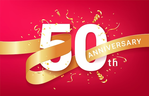 50th Anniversary celebration banner template. Big numbers with sparkles golden confetti and glitters ribbon.