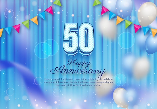 50th anniversary illustration background with balloons star particles blue ribbon