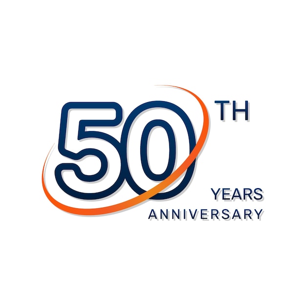 단순하고 고급스러운 스타일의 파란색 숫자와 주황색 링이 있는 50주년 로고
