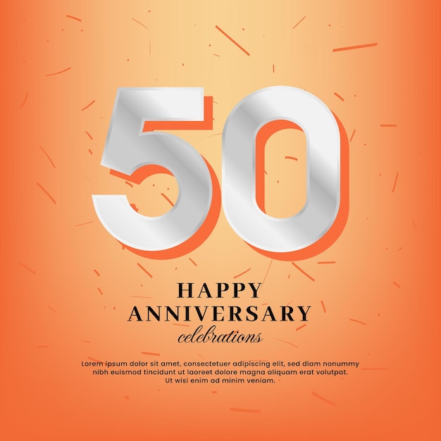 50th anniversary vector template with a white number and confetti spread on an orange background
