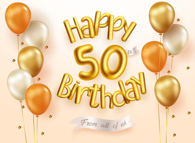 50 번째 생일 벡터 컨셉 디자인입니다. 황금 50 금속 숫자와 함께 생일 3d 풍선.
