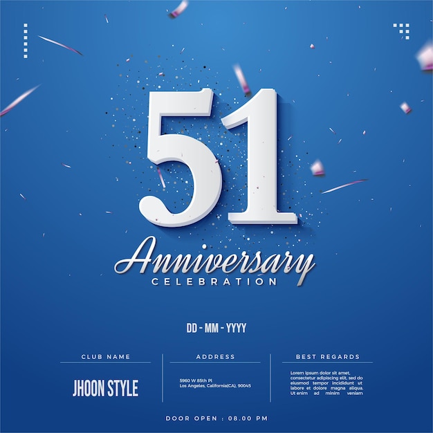 51st anniversary party with white numbers on blue background.