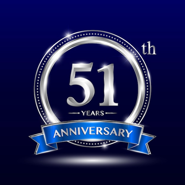 51th anniversary logo with silver number and blue ribbon vector design logo design template design