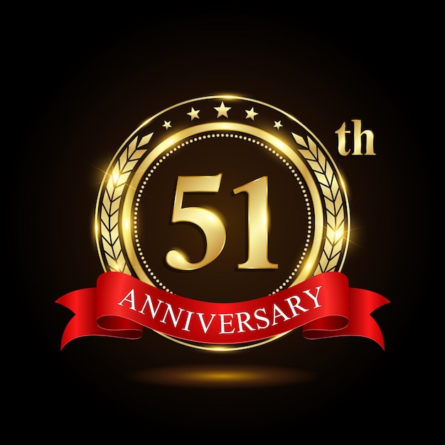 51th golden anniversary logo with shiny ring and red ribbon Laurel wrath isolated on black background vector design
