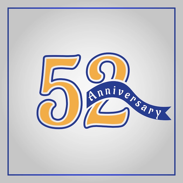 Vettore logotipo della celebrazione dell'anniversario di 52 anni colorato con giallo e blu, utilizzando il vettore del nastro blu.
