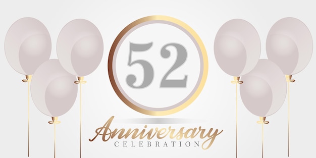 Vettore priorità bassa di celebrazione del 52 ° anniversario. numeri di colore grigio e oro e testo con palloncini.