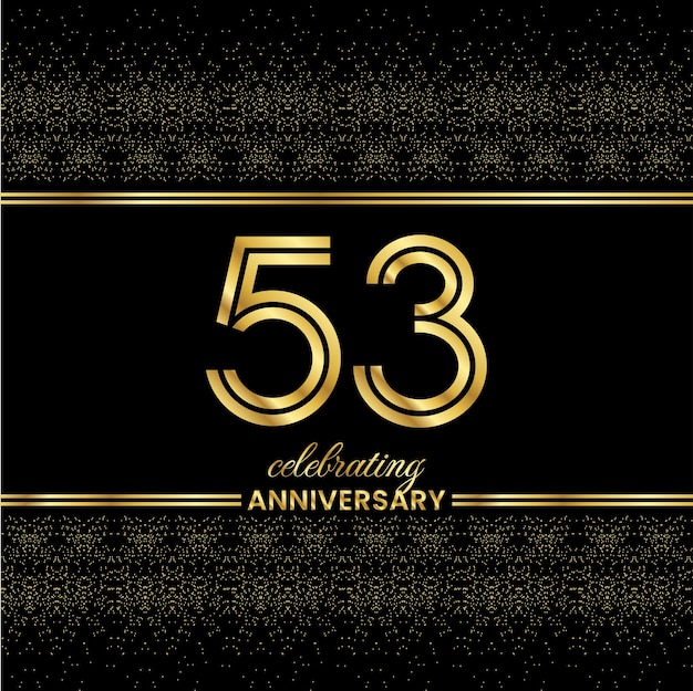 53 Golden Double Line Number 53 Anniversary invitation cover with glitter separated by golden double lines on a black background