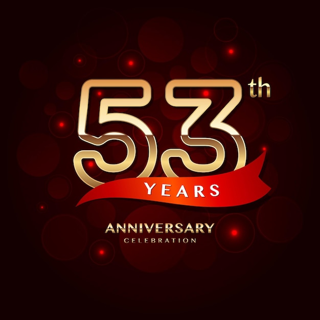 53th year anniversary celebration logo design with a golden number and red ribbon vector template