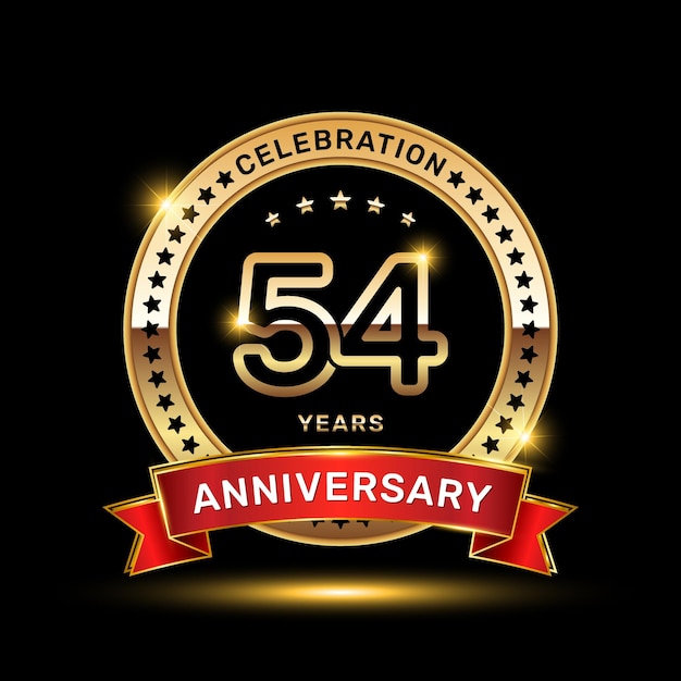 Vettore design del logo della celebrazione del 54° anniversario con stile emblema di colore dorato e nastro rosso
