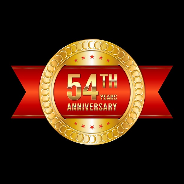 Vector 54th anniversary emblem design with gold color and red ribbon logo vector template illustration