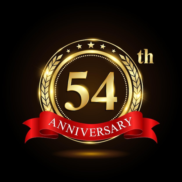 Логотип 54-й золотой годовщины с блестящим кольцом и красной лентой Лавровый гнев изолирован на черном фоне векторного дизайна