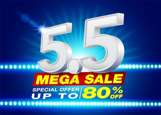 55 mega sale-sjabloon met nummer 55 3d-tekst op led spotlight donkerblauwe achtergrond