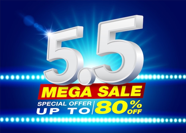 Vector 55 mega sale template with number 55 3d text on led spotlight dark blue background