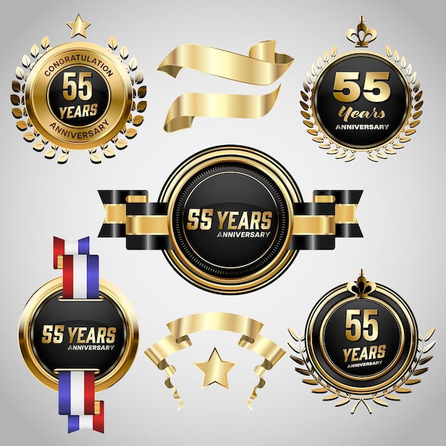 Vector 55 years anniversary logo with golden ribbon set of vintage anniversary badges celebration