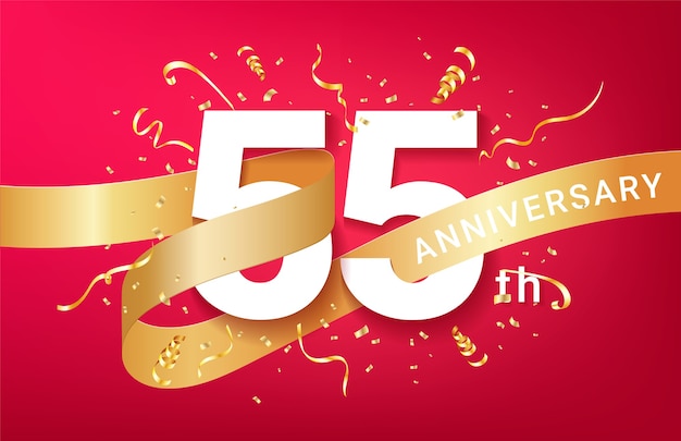 55th Anniversary celebration banner template. Big numbers with sparkles golden confetti and glitters ribbon.