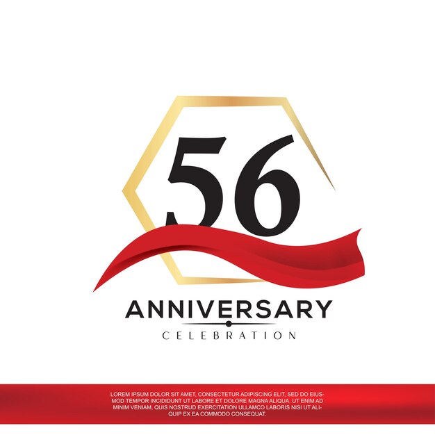 Design per la celebrazione dell'anniversario di 56 anni. anniversario eleganza logo dorato e nero con nastro rosso