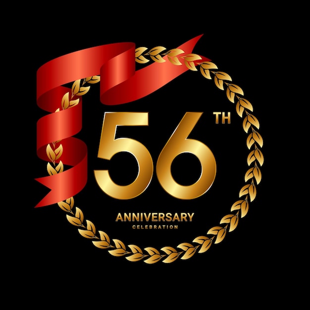 Vector 56th anniversary logo design with laurel wreath and red ribbon logo vector template