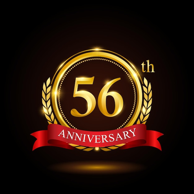 56th golden anniversary template design with shiny ring and red ribbon laurel wreath isolated on black background logo vector