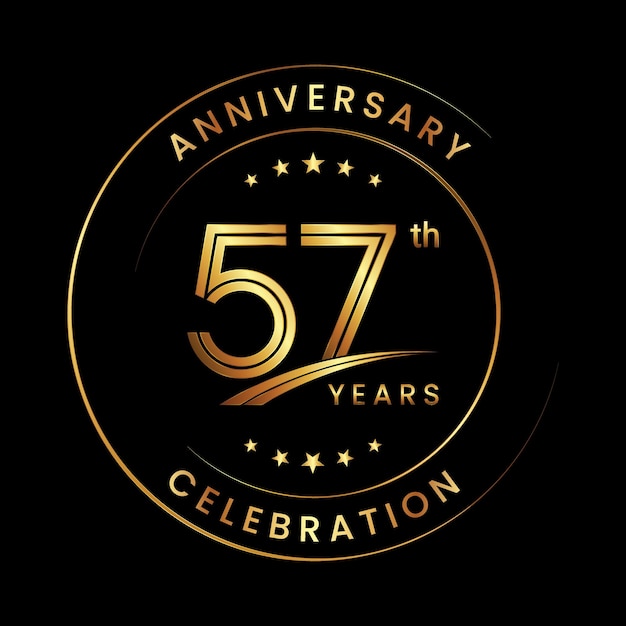 57th Anniversary Anniversary logo design with gold color ring and text for anniversary celebration events Logo Vector Template