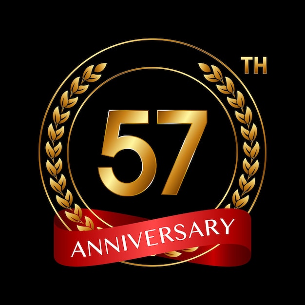 57th Anniversary Logo Design with Laurel Wreath and Red Ribbon Logo Vector Illustration