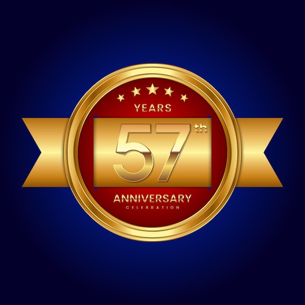 57th Anniversary logo with badge style Anniversary logo with gold color and ribbon Logo Vector
