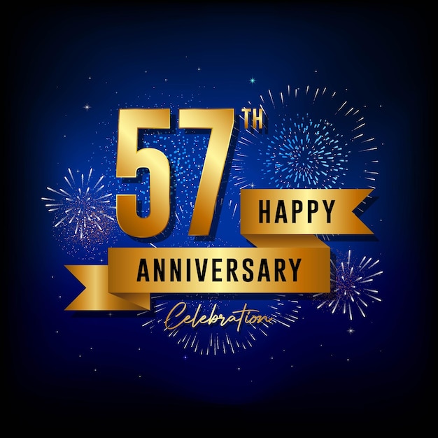 57th Anniversary template design with golden ribbon Vector template illustration