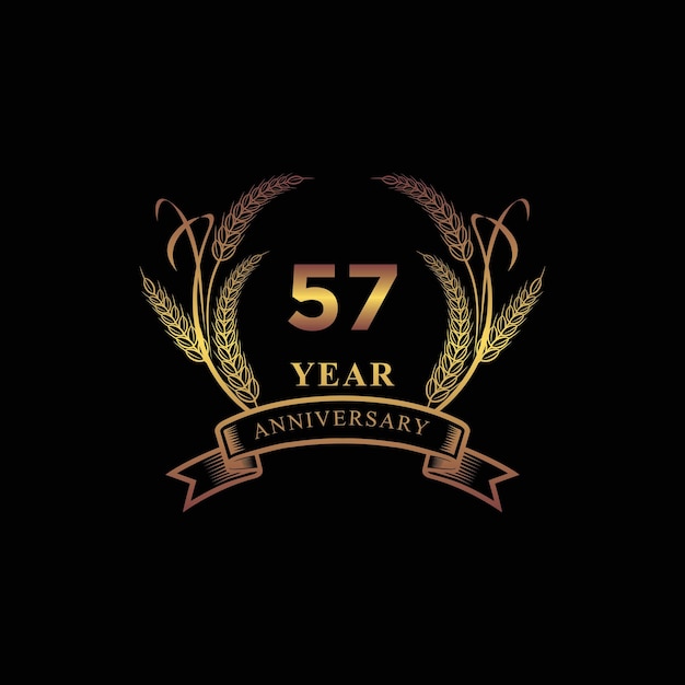 Vector 57th golden anniversary logo with ring and ribbon laurel wreath vector