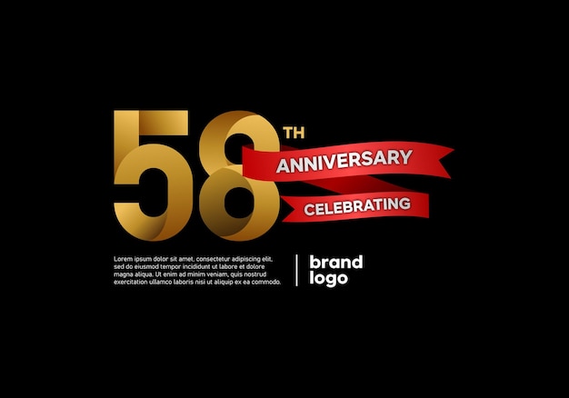 58 jaar verjaardag pictogram logo ontwerp met gouden en rode embleem op zwarte achtergrond