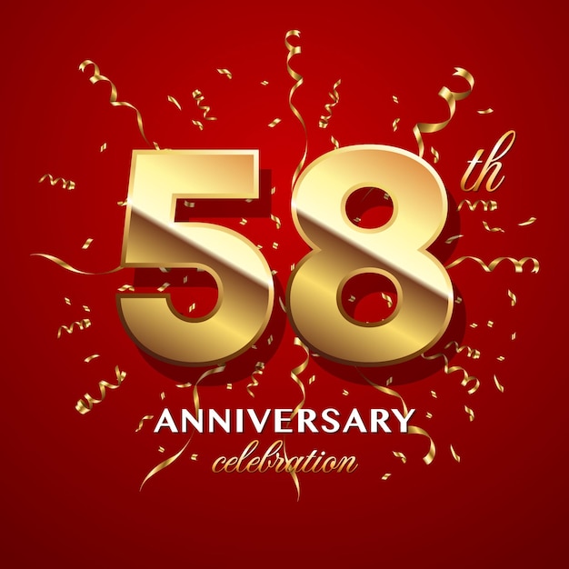Vettore 58th anniversary celebration logo design con numero d'oro e nastro logo vector template