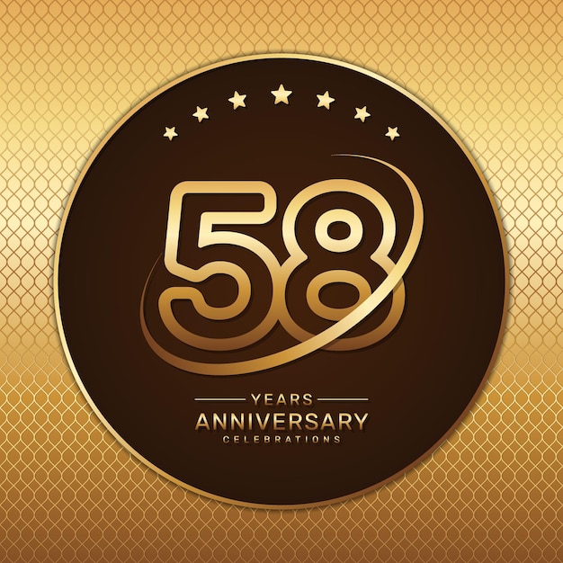 58th anniversary logo with a golden number and ring isolated on a golden pattern background