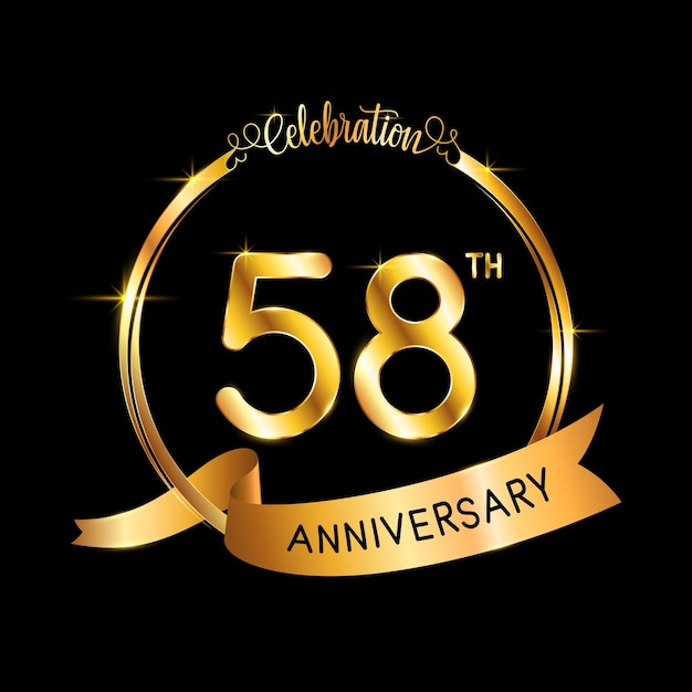 Дизайн шаблона 58-й годовщины с лентой золотого цвета и векторным шаблоном логотипа кольца