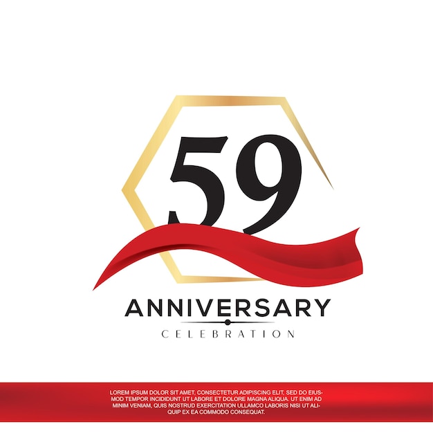 Дизайн празднования 59-летия. юбилейная элегантность золотой и черный логотип с красной лентой