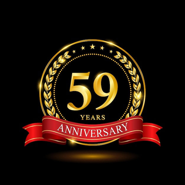 59 Years Anniversary template design with shiny ring and red ribbon laurel wreath isolated on black background logo vector