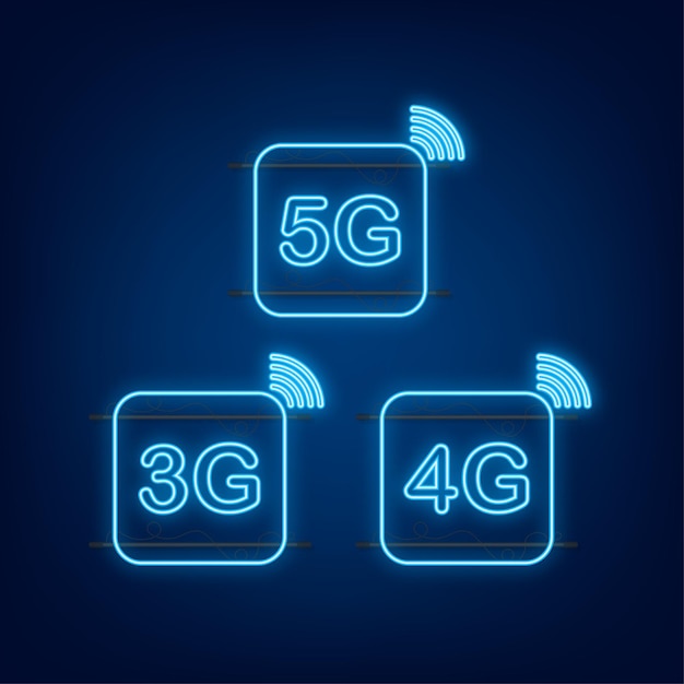 Set di simboli al neon 5g, 4g, 3g isolato su sfondo, tecnologia di comunicazione mobile e rete di smartphone. illustrazione di riserva di vettore.