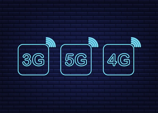 배경 이동 통신 기술에 고립 된 5G 4G 3G 네온 심볼 세트