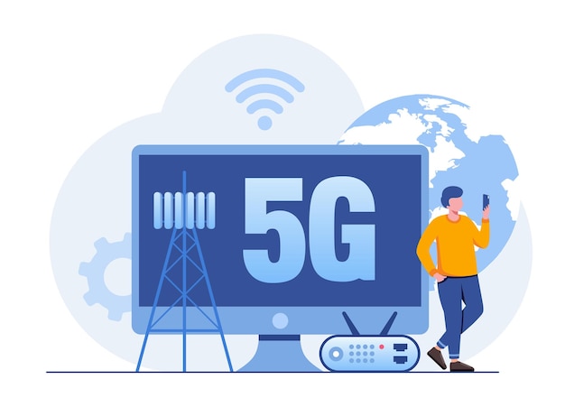 Concetto 5g rete wireless 5g che utilizza la tecnologia wireless mobile per una connettività più rapida con gli smartphone che elaborano un'illustrazione vettoriale piatta