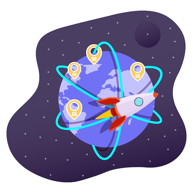 5g draadloze netwerktechnologie, wereldwijd snel internet, platte vectorillustratie. Raket die rond de planeet Aarde vliegt.