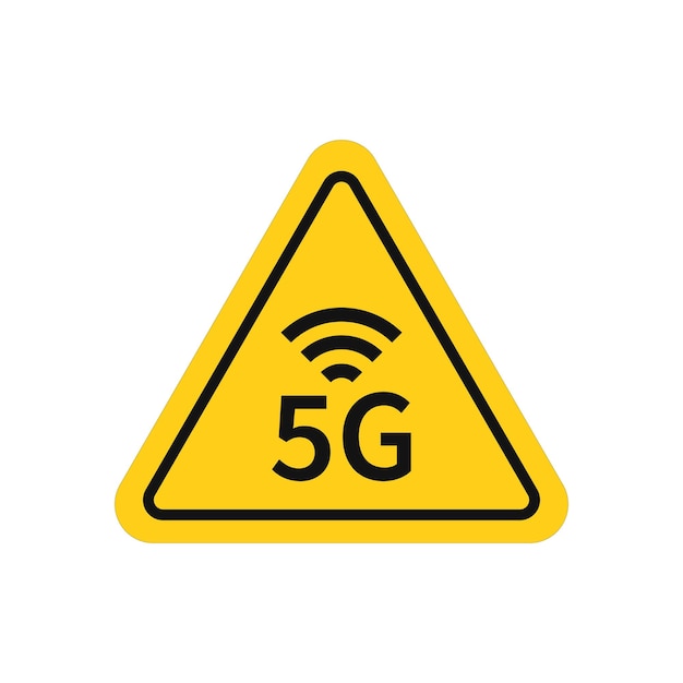 5G geel driehoekig waarschuwingsbord Gevaar stralingsvector