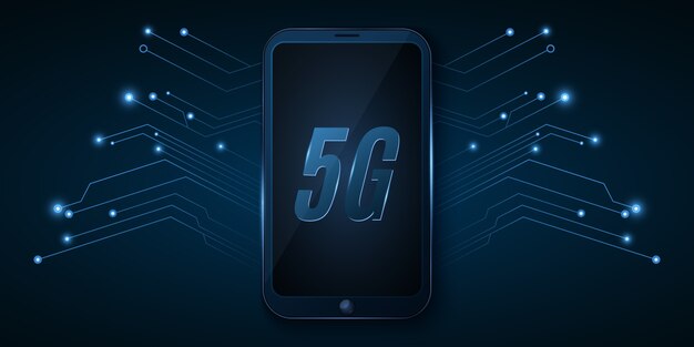 5Gグローバルネットワーク。ハイテクデザイン。高速インターネットを備えた最新のスマートフォン。ネオンコンピューター回路基板。