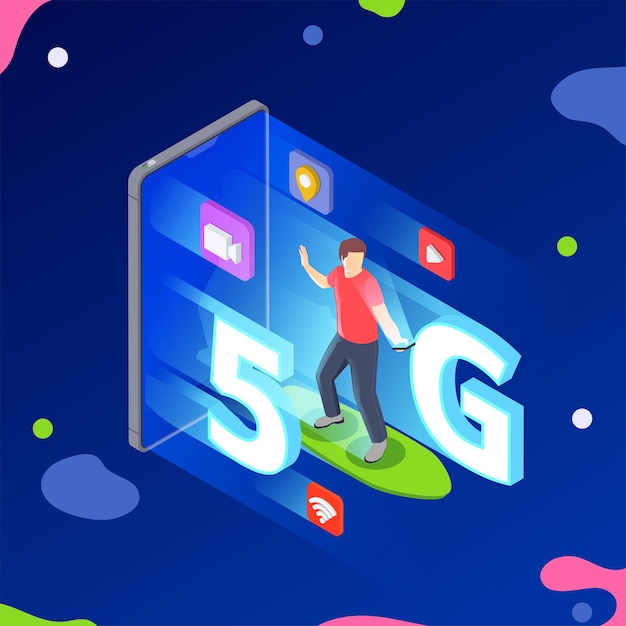 5g high speed internet isometric composition with human character on skate and smartphone with 5g elements
