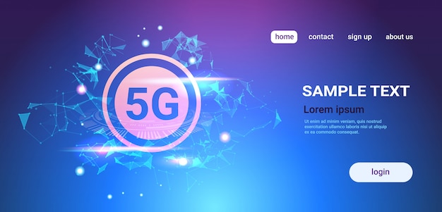 5G 홀로그램 디지털 무선 시스템 연결 글로벌 네트워크 개념 고속 인터넷 추상 기술 배경 가로 복사 공간의 다섯 번째 혁신적인 세대