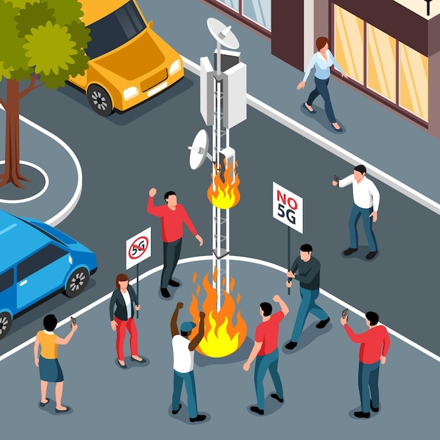 通りと燃えるマストシンボル等尺性ベクトルイラストに抗議と5gインターネット背景